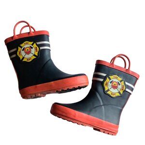 Fireman Kids Rubber Rain Boots Size 9/10 Black & Red Fire Dept Logo Waterproof